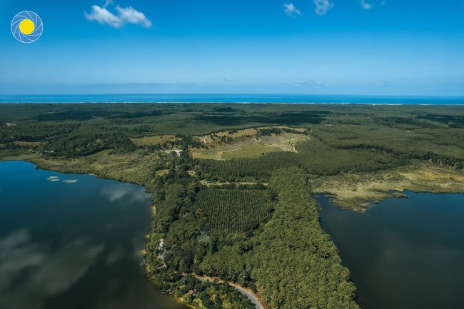 L'étang blanc à Seignosse dans les Landes et l'océan à l'horizon